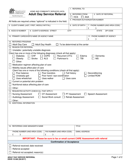 DSHS Form 10-580  Printable Pdf