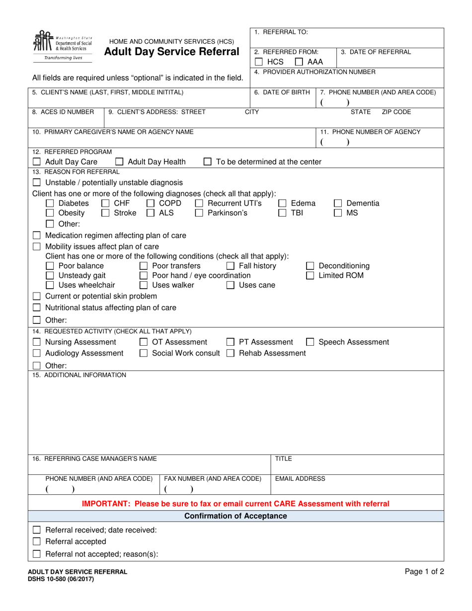 DSHS Form 10-580 Adult Day Service Referral - Washington, Page 1