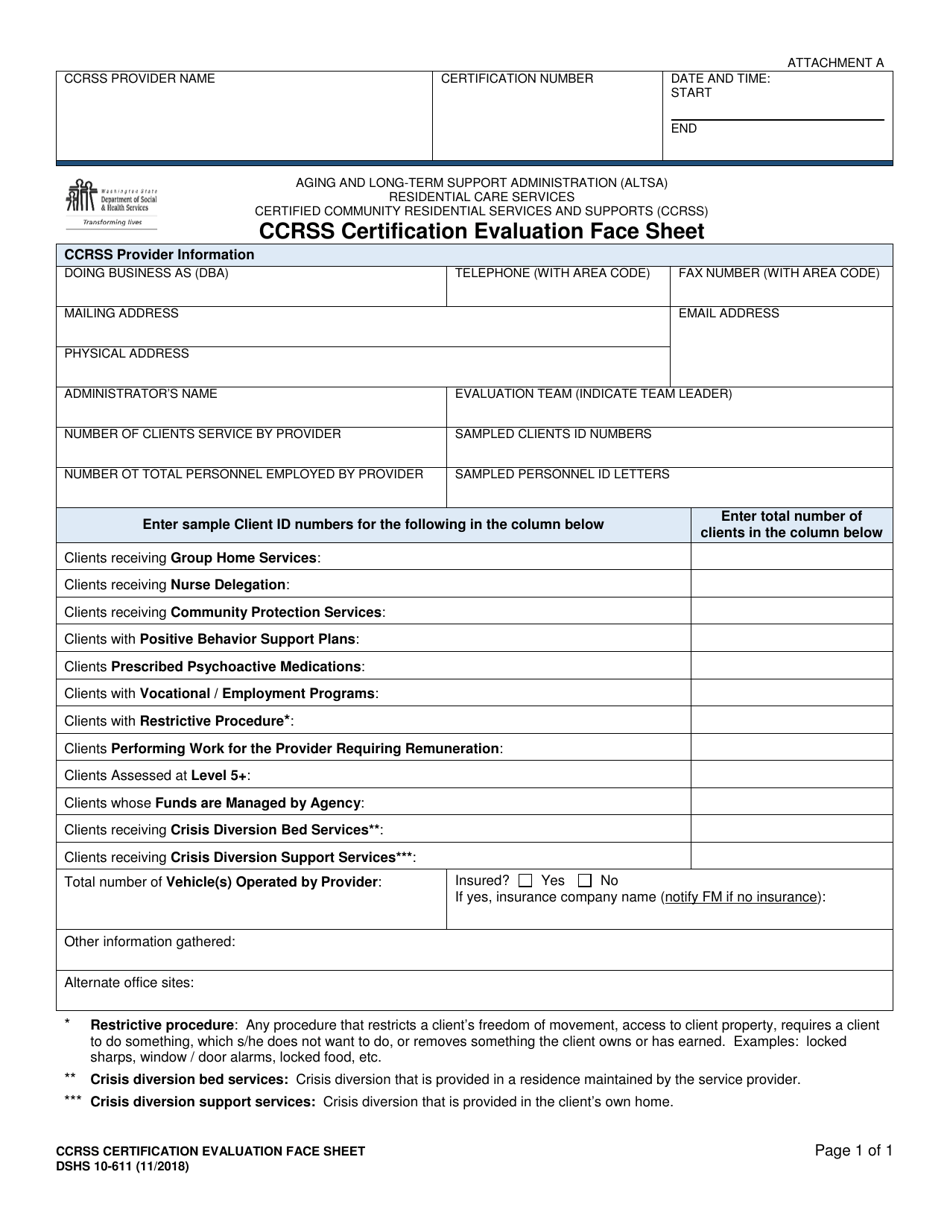 DSHS Form 10-611 Attachment A Ccrss Certification Evaluation Face Sheet - Certified Community Residential Services and Supports - Washington, Page 1
