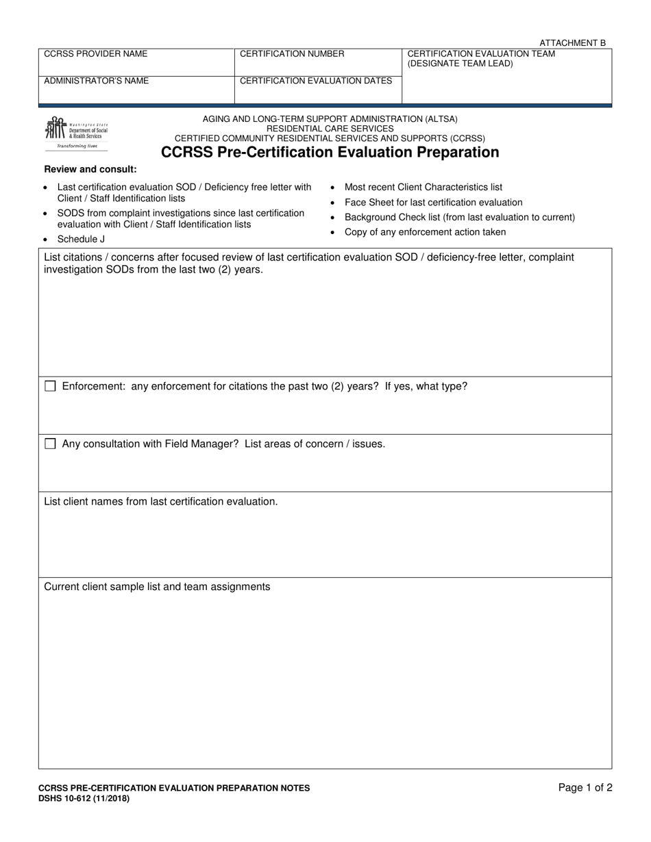 DSHS Form 10-612 Attachment B Ccrss Pre-certification Evaluation Preparation - Certified Community Residential Services and Supports - Washington, Page 1
