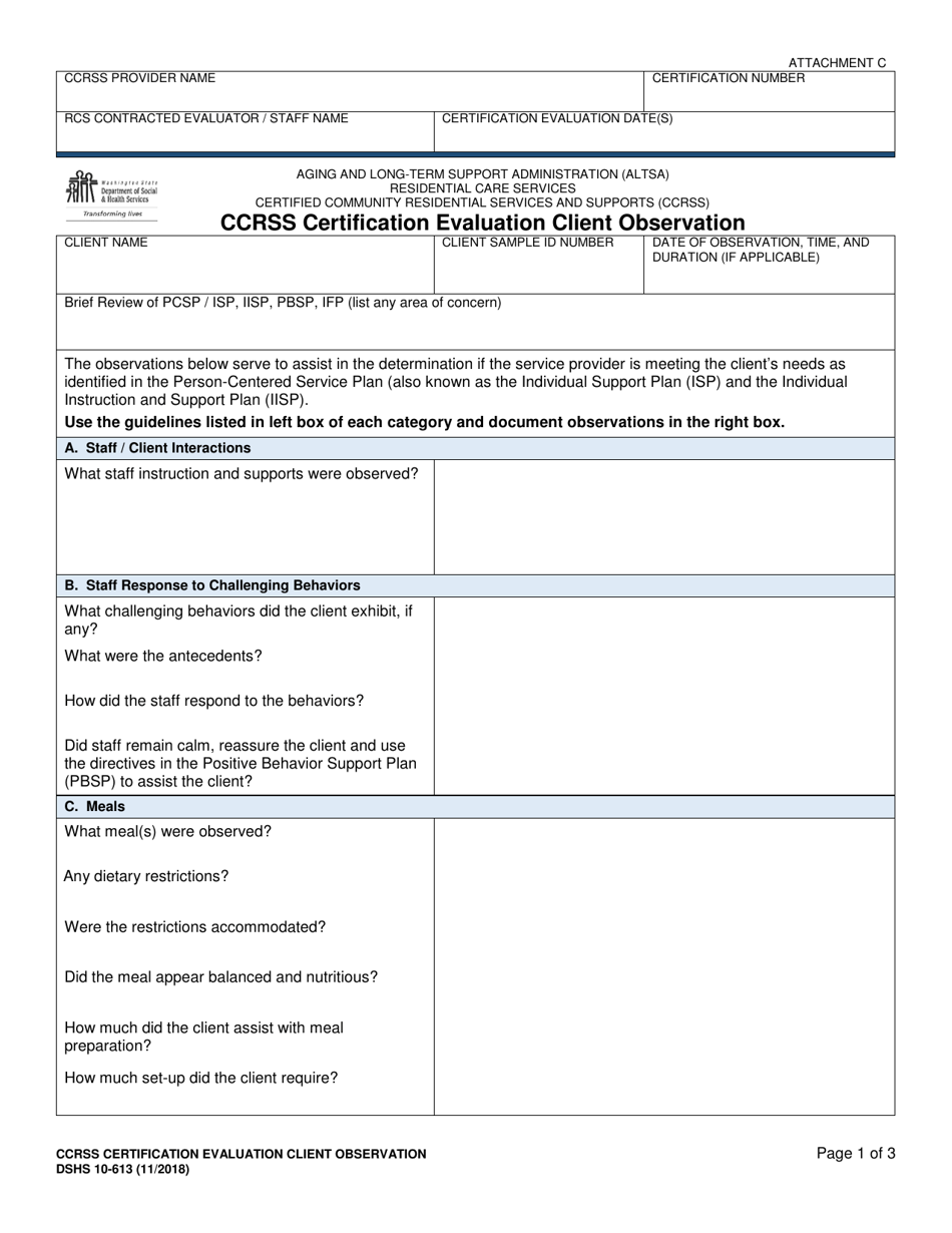 DSHS Form 10-613 Attachment C Ccrss Certification Evaluation Client Observation - Certified Community Residential Services and Supports - Washington, Page 1
