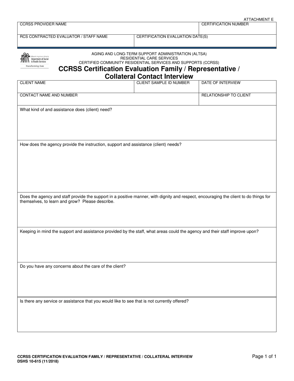 DSHS Form 10-615 Attachment E Ccrss Certification Evaluation Family / Representative / Collateral Contact Interview - Certified Community Residential Services and Supports - Washington, Page 1