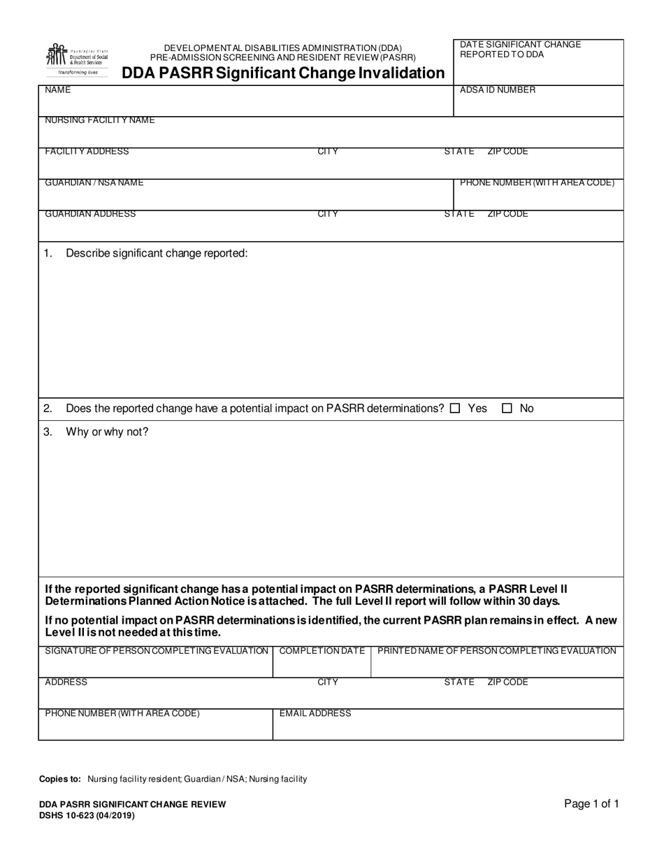 DSHS Form 10-623 Dda Pasrr Significant Change Invalidation - Pre-admission Screening and Resident Review - Washington, Page 1
