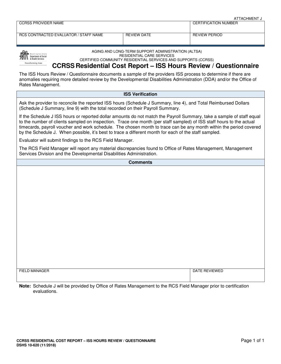 DSHS Form 10-620 Attachment J Ccrss Residential Cost Report - Iss Hours Review / Questionnaire - Certified Community Residential Services and Supports - Washington, Page 1