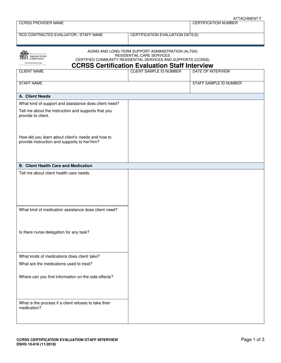 DSHS Form 10-616 Attachment F Ccrss Certification Evaluation Staff Interview - Certified Community Residential Services and Supports - Washington, Page 1