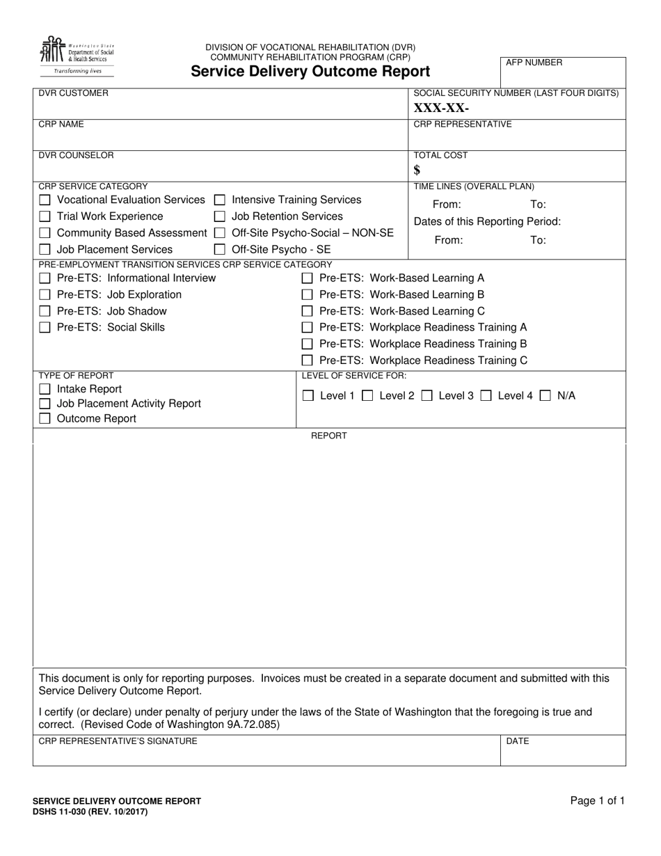 DSHS Form 11-030 Service Delivery Outcome Report - Washington, Page 1