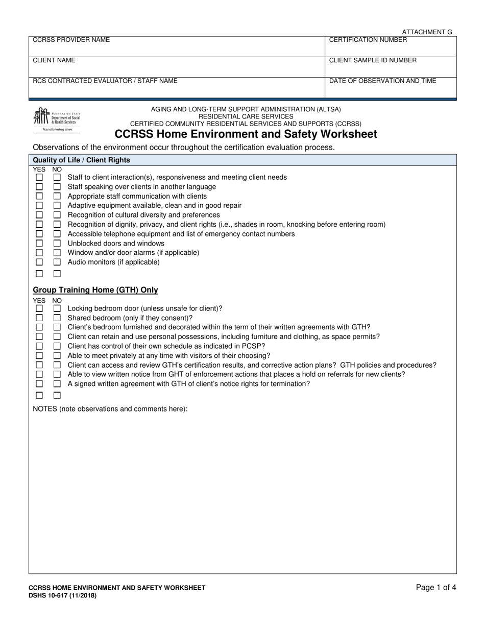DSHS Form 10-617 Attachment G Ccrss Home Environment and Safety Worksheet - Certified Community Residential Services and Supports - Washington, Page 1