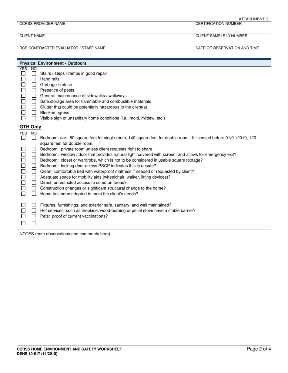 DSHS Form 10-617 Attachment G Ccrss Home Environment and Safety Worksheet - Certified Community Residential Services and Supports - Washington, Page 2