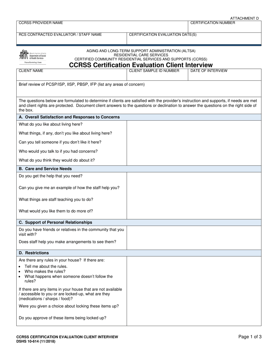 DSHS Form 10-614 Attachment D Ccrss Certification Evaluation Client Interview - Certified Community Residential Services and Supports - Washington, Page 1