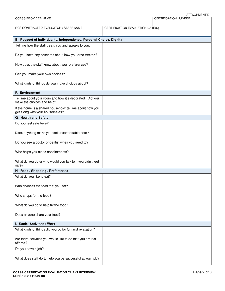 DSHS Form 10-614 Attachment D Ccrss Certification Evaluation Client Interview - Certified Community Residential Services and Supports - Washington, Page 2