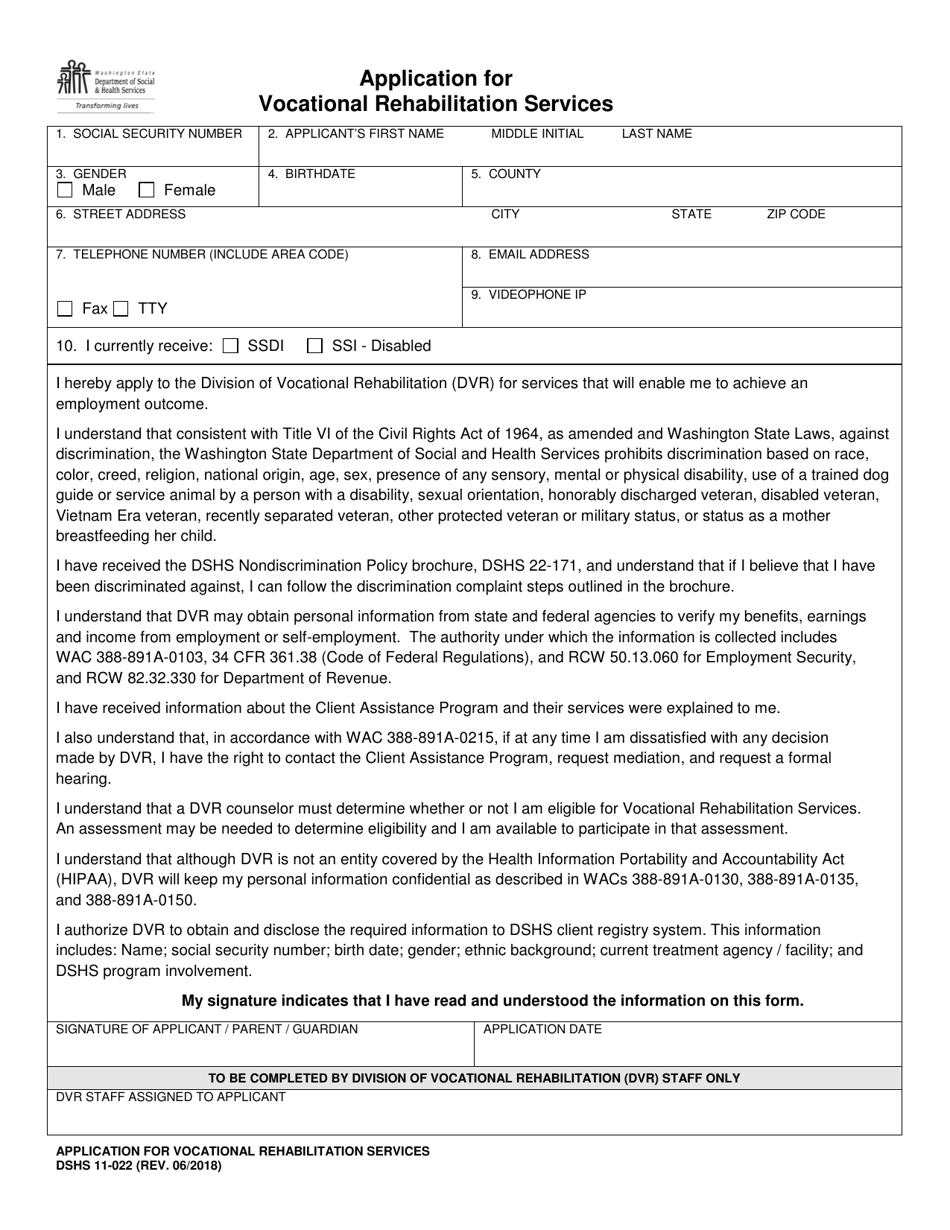 DSHS Form 11-022 Application for Vocational Rehabilitation Services - Washington, Page 1