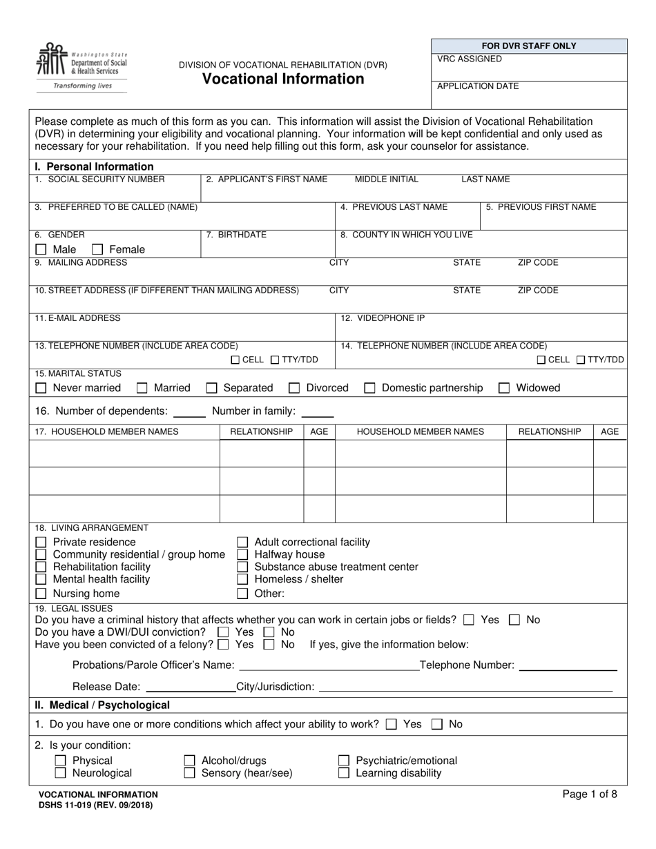 DSHS Form 11-019 Vocational Information - Washington, Page 1