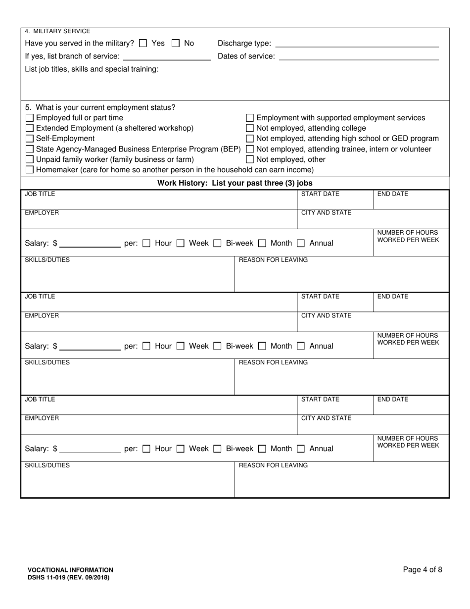DSHS Form 11-019 Vocational Information - Washington, Page 4