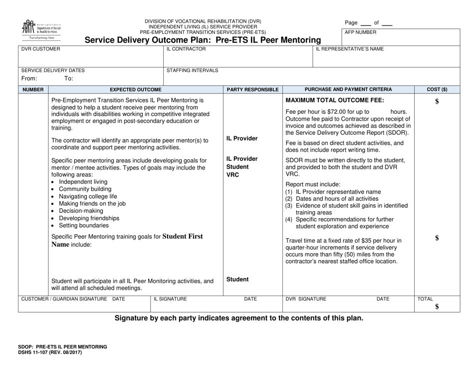 DSHS Form 11-107 Service Delivery Outcome Plan - Pre-ets IL Peer Mentoring - Washington, Page 1