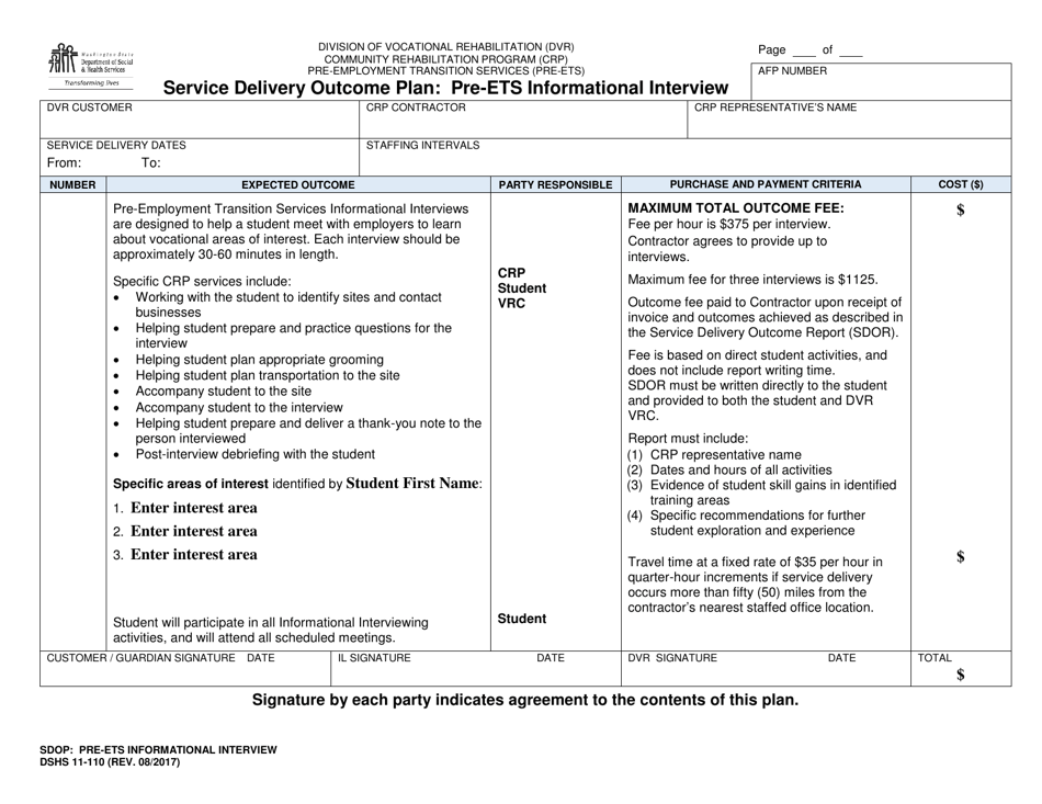 DSHS Form 11-110 Service Delivery Outcome Plan - Pre-ets Informational Interview - Washington, Page 1
