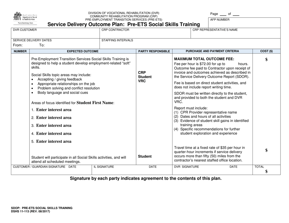 DSHS Form 11-113 Service Delivery Outcome Plan - Pre-ets Social Skills Training - Washington, Page 1