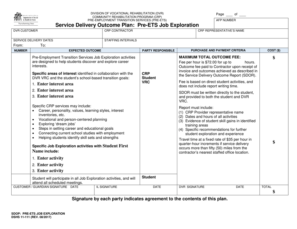 DSHS Form 11-111 Service Delivery Outcome Plan - Pre-ets Job Exploration - Washington, Page 1