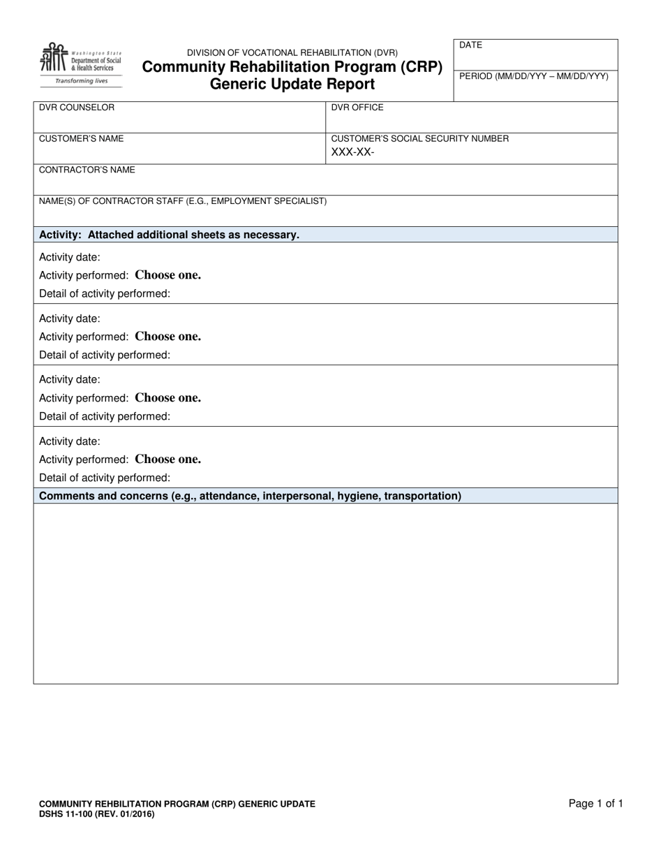 DSHS Form 11-100 Community Rehabilitation Program (Crp) Generic Update Report - Washington, Page 1