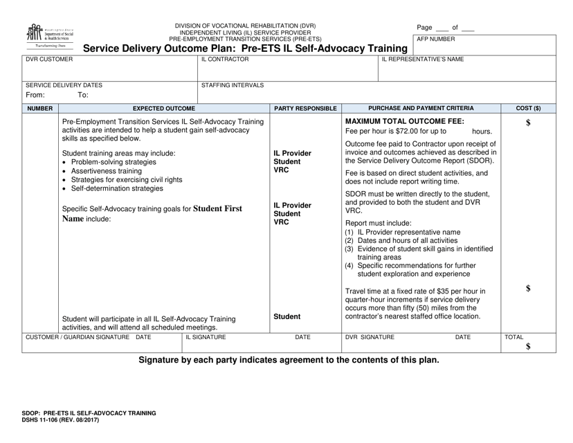 DSHS Form 11-106 Service Delivery Outcome Plan - Pre-ets IL Self-advocacy Training - Washington