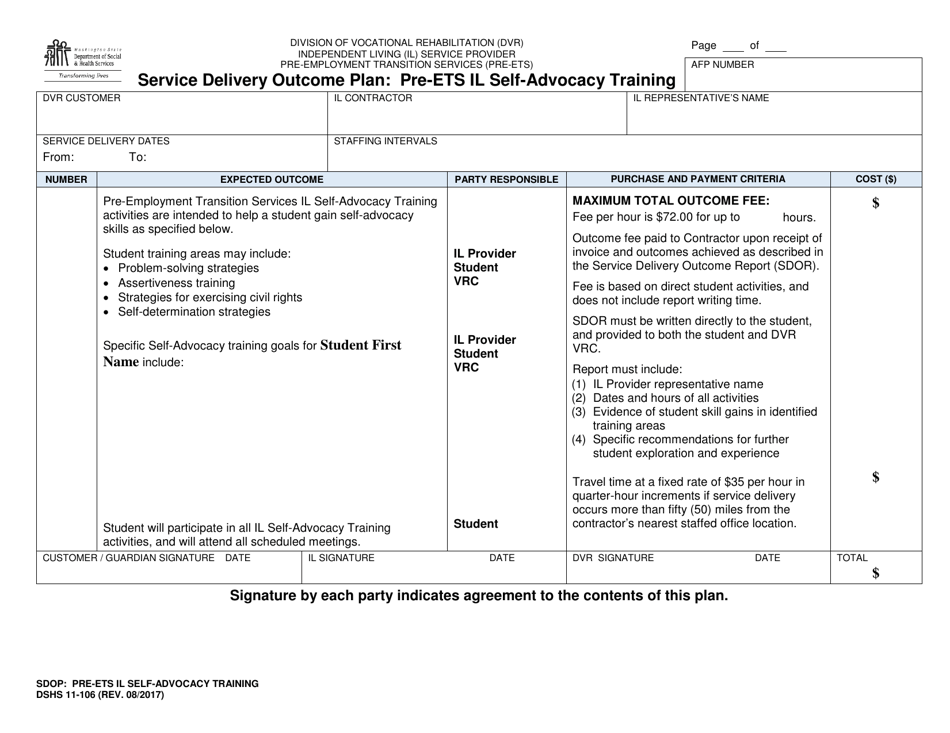 DSHS Form 11-106 Service Delivery Outcome Plan - Pre-ets IL Self-advocacy Training - Washington, Page 1