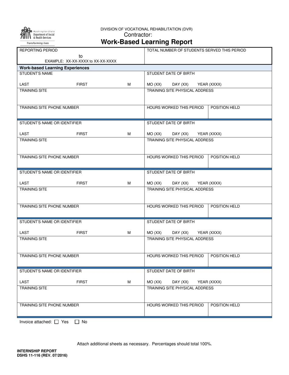 DSHS Form 11-116 Work-Based Learning Report - Washington, Page 1