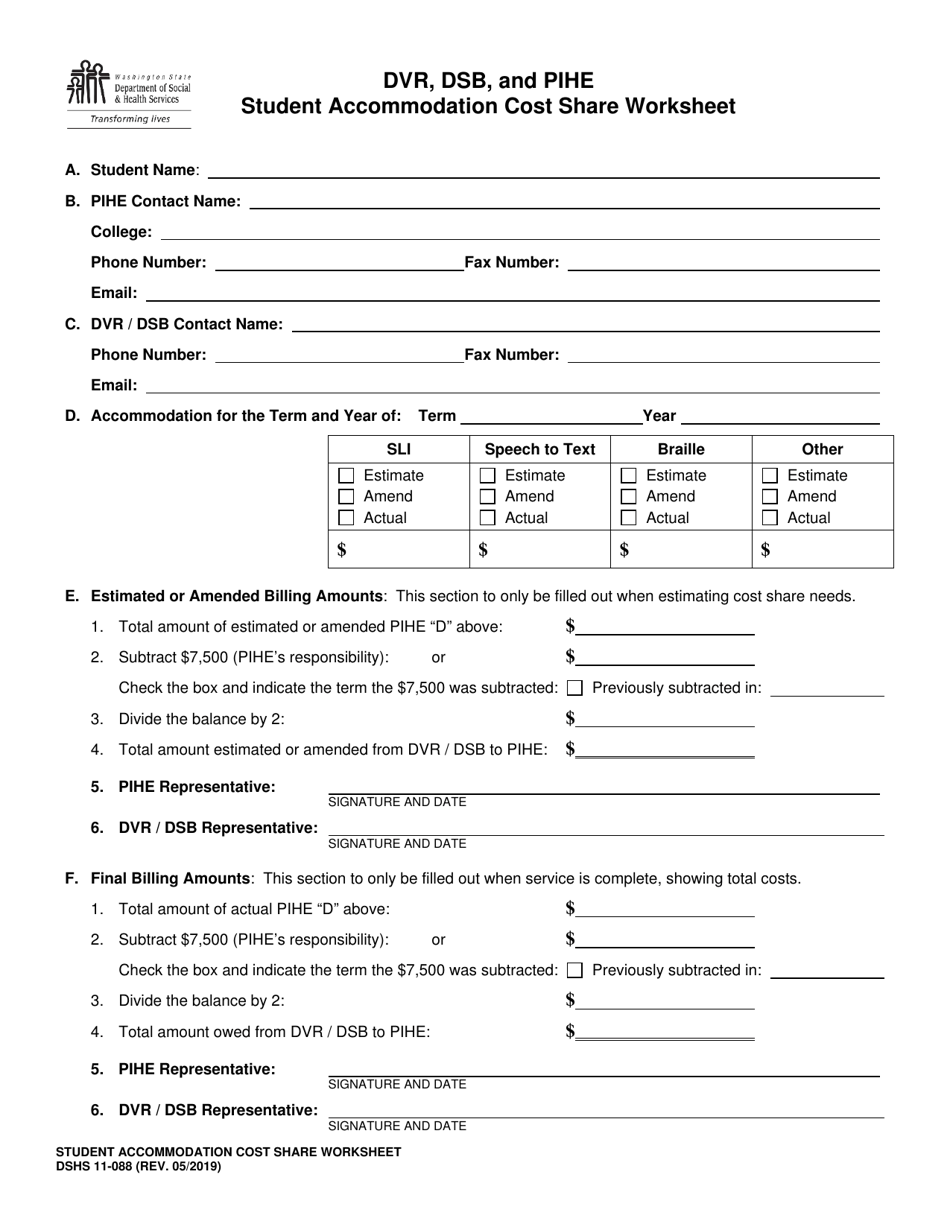 DSHS Form 11-088 Dvr, Dsb, and Pihe Student Accommodation Cost Share Worksheet - Washington, Page 1