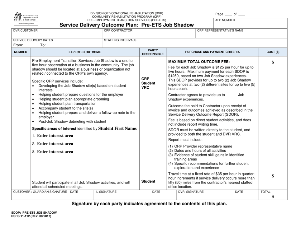 DSHS Form 11-112 Service Delivery Outcome Plan - Pre-ets Job Shadow - Washington, Page 1