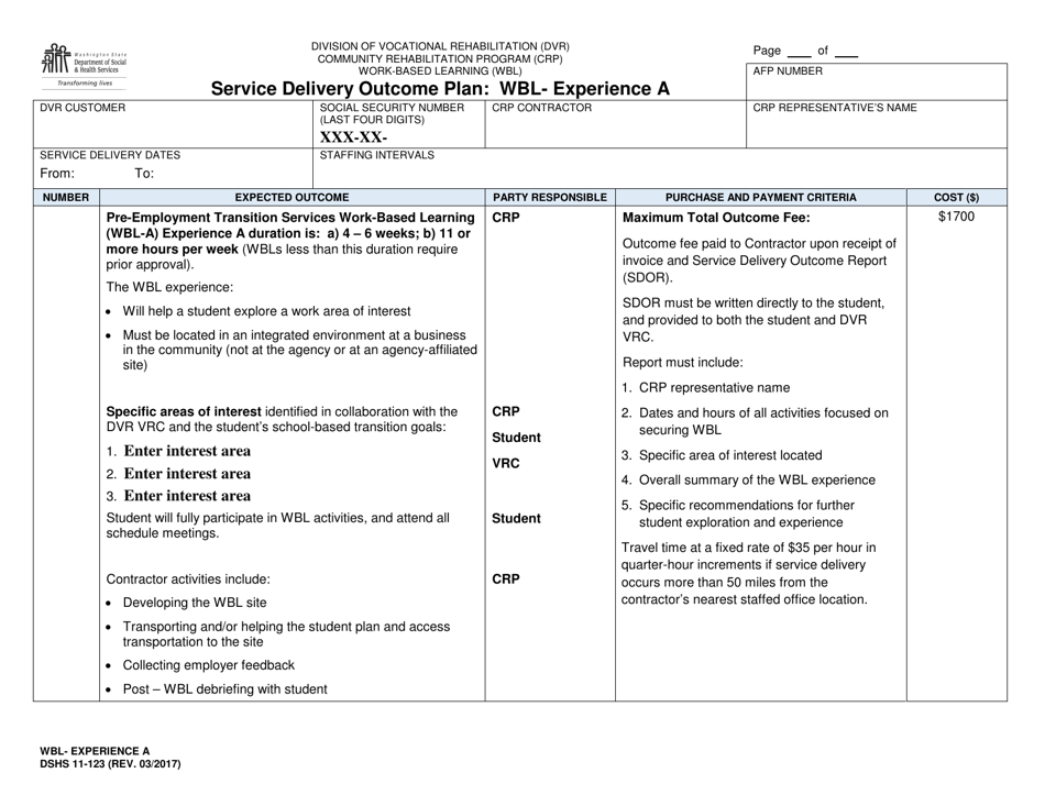 DSHS Form 11-123 Service Delivery Outcome Plan - Wbl - Experience a - Washington, Page 1