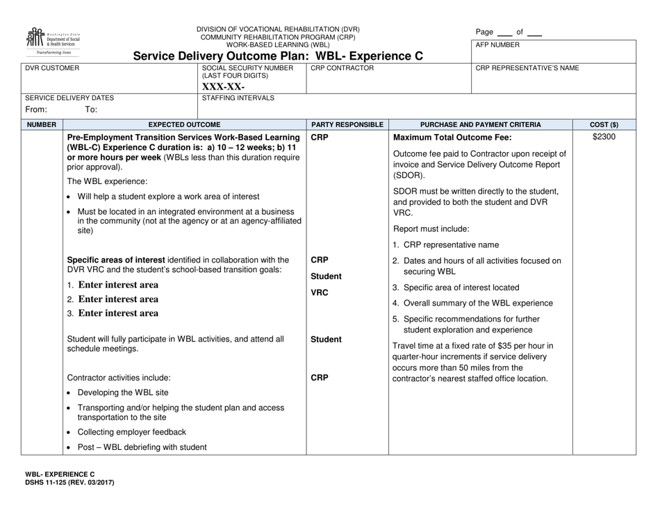 DSHS Form 11-125 Service Delivery Outcome Plan: Wbl - Experience C - Washington, Page 1