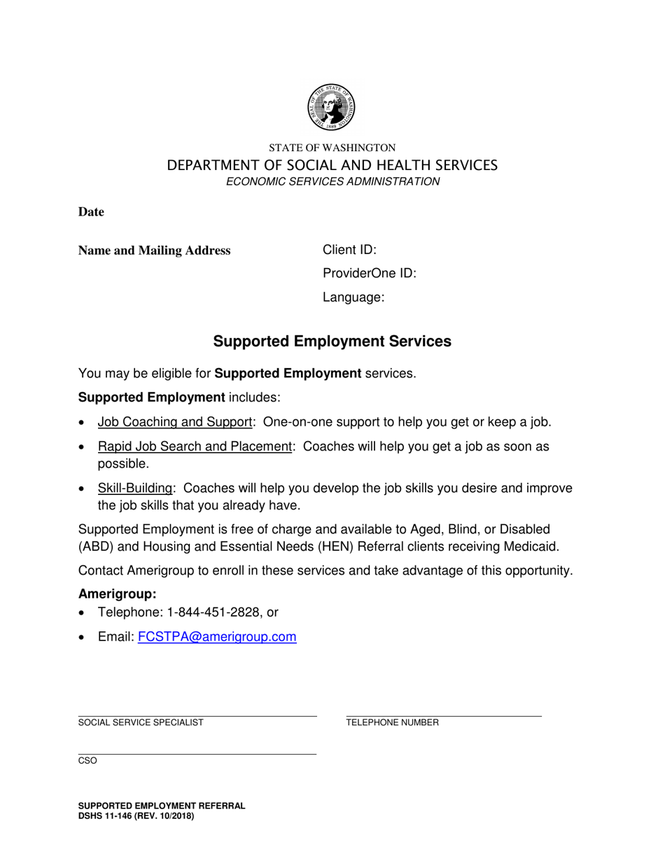 DSHS Form 11146 Download Printable PDF or Fill Online Supported Employment Referral Washington