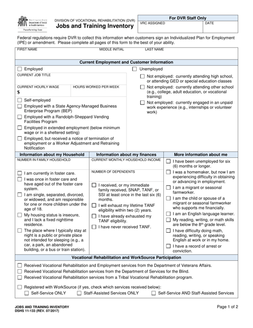 DSHS Form 11-133 Jobs and Training Inventory - Washington