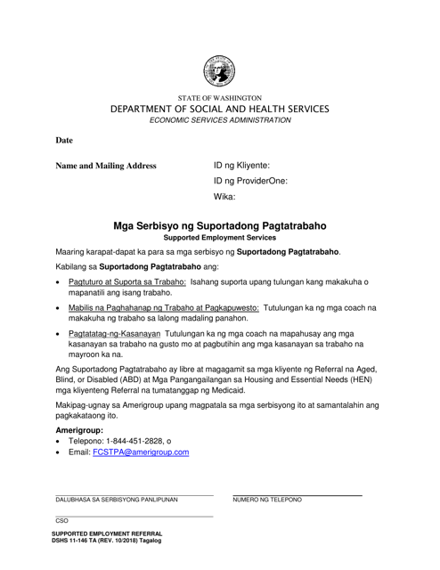 DSHS Form 11-146 Supported Employment Referral - Washington (Tagalog)