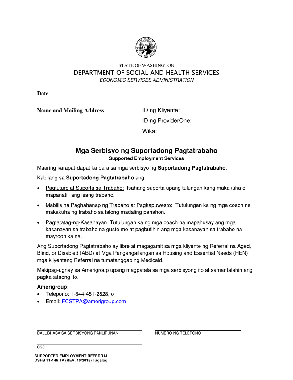 DSHS Form 11-146 Supported Employment Referral - Washington (Tagalog), Page 1