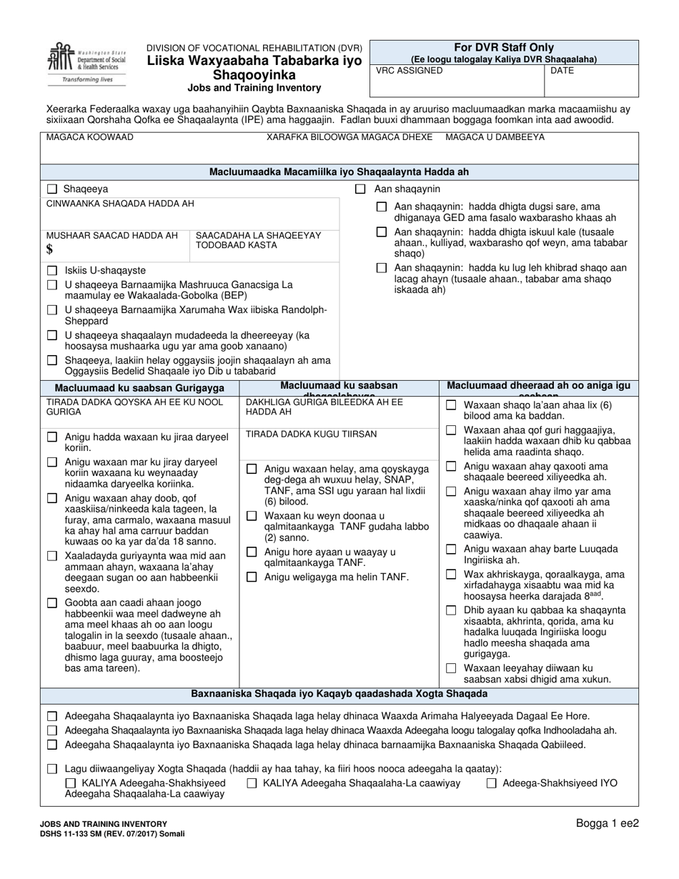 DSHS Form 11-133 Jobs and Training Inventory - Washington (Somali), Page 1