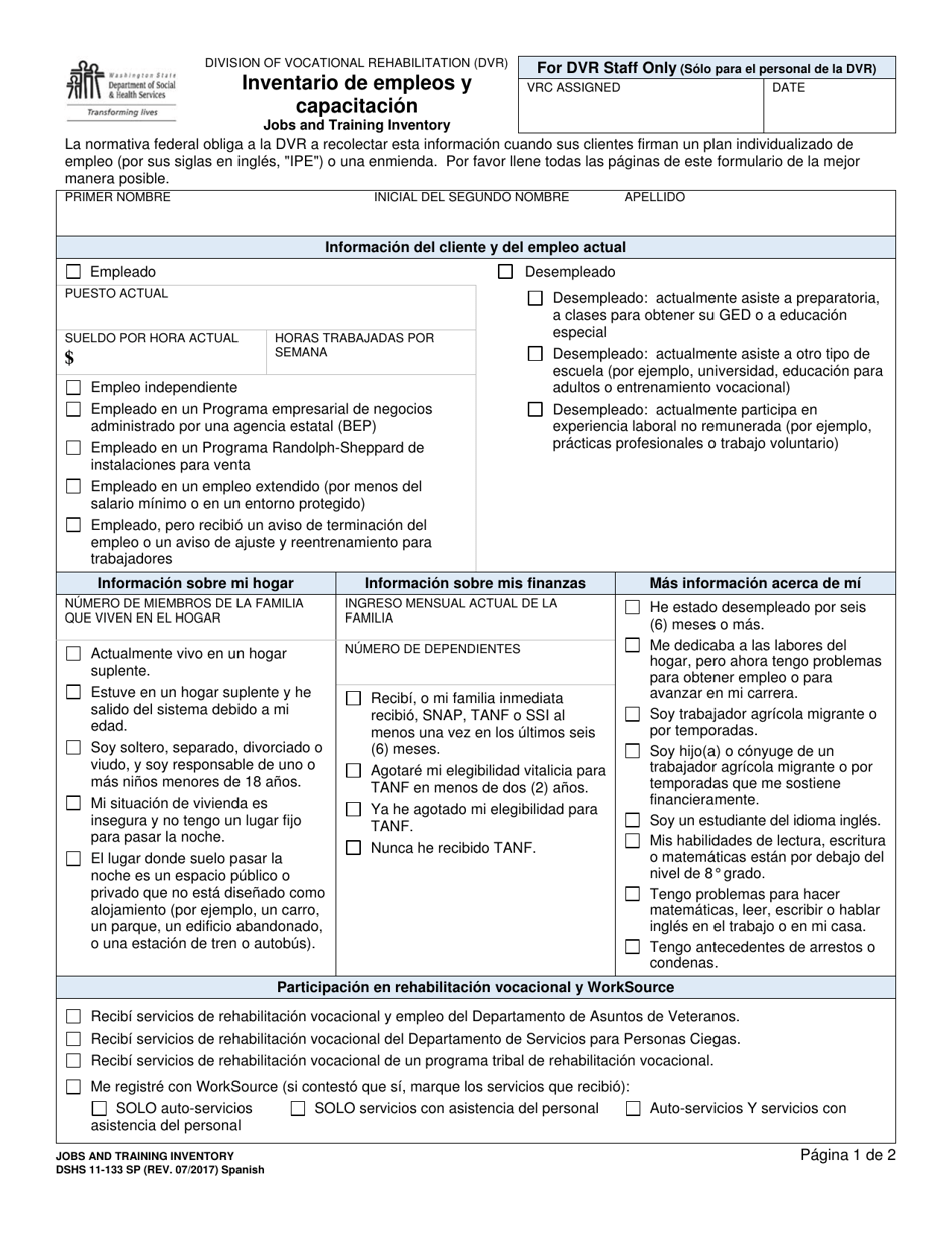 DSHS Formulario 11-133 Inventario De Empleos Y Capacitacion - Washington (Spanish), Page 1