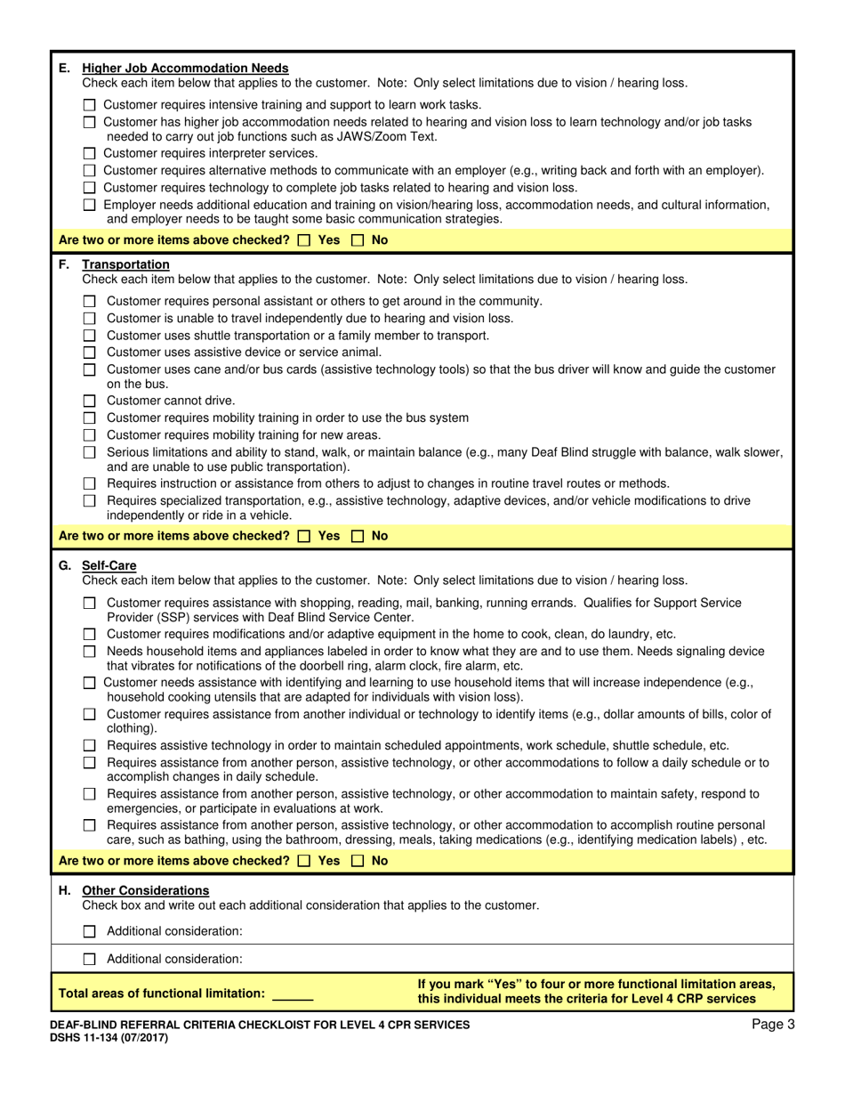 DSHS Form 11-134 Deaf-Blind Referral Criteria Checklist for Level 4 Crp Services - Washington, Page 3