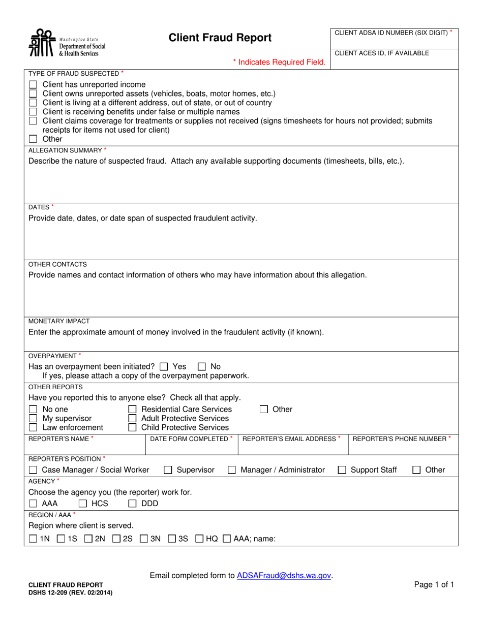 DSHS Form 12-209 Client Fraud Report - Washington, Page 1