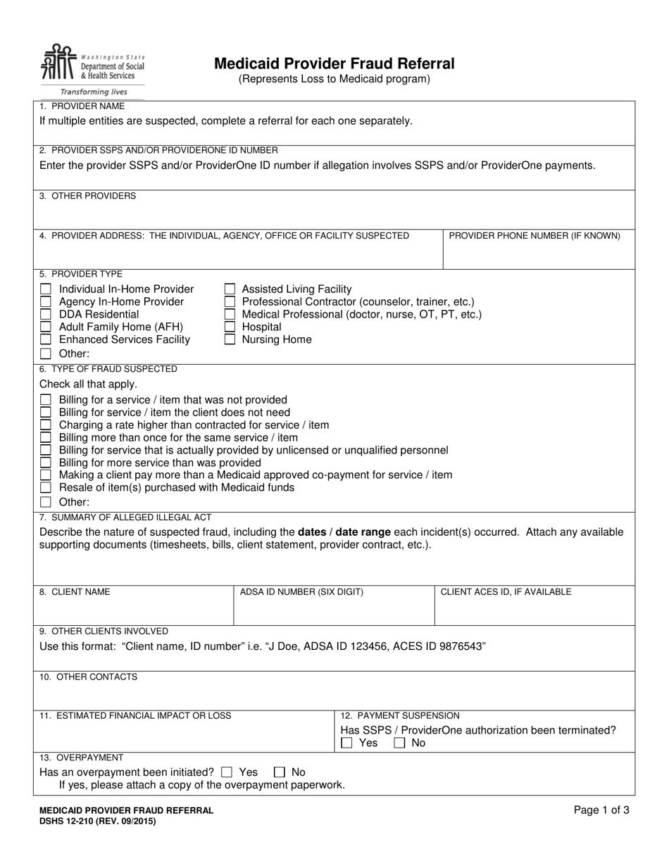 DSHS Form 12-210 Medicaid Provider Fraud Referral - Washington, Page 1
