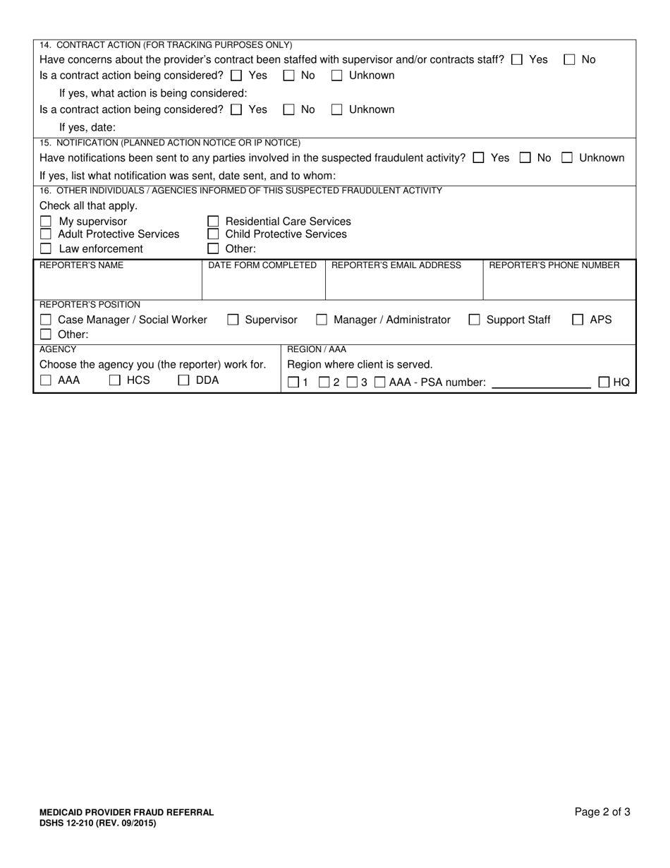 DSHS Form 12-210 Medicaid Provider Fraud Referral - Washington, Page 2