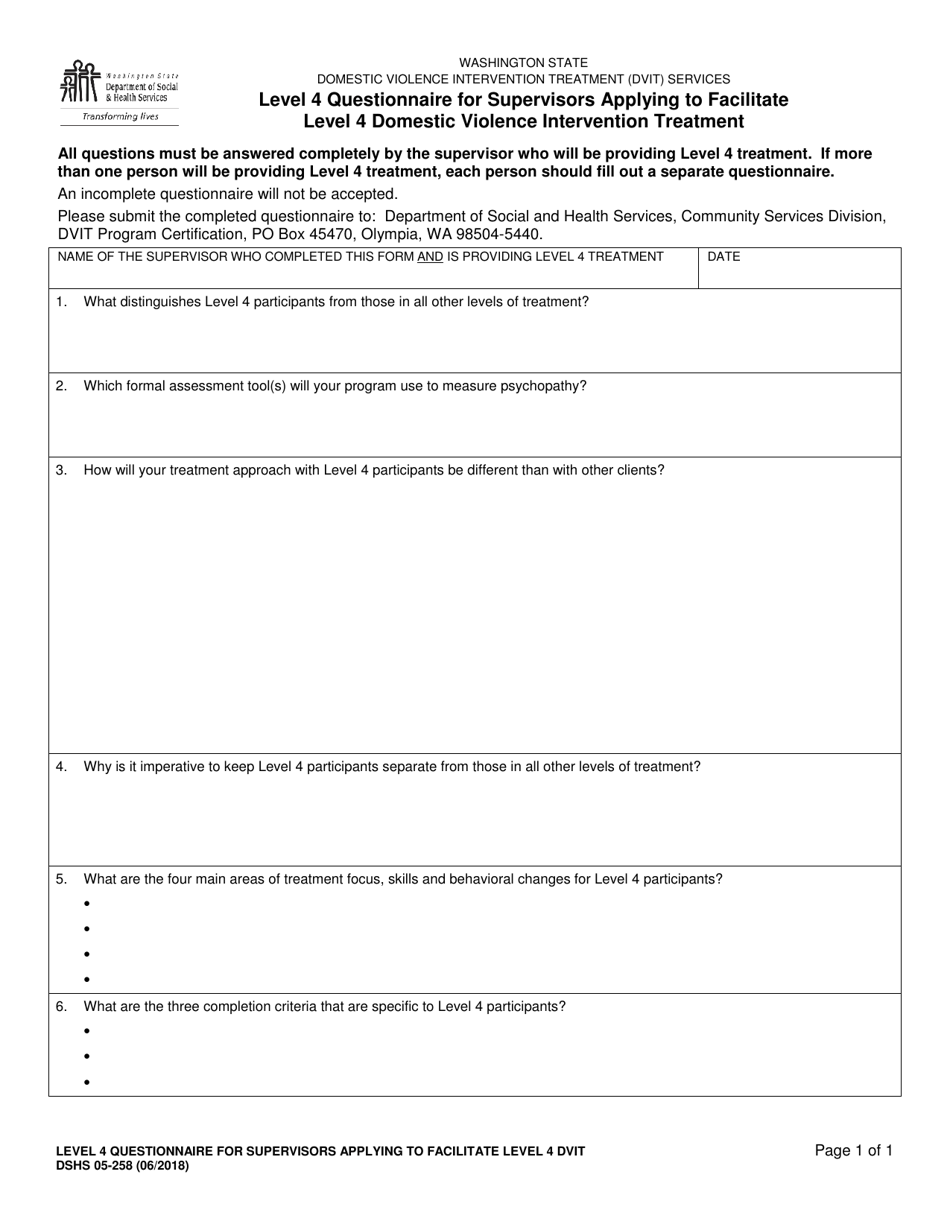 DSHS Form 05-258 Level 4 Questionnaire for Supervisors Applying to Facilitate Level 4 Domestic Violence Intervention Treatment - Washington, Page 1