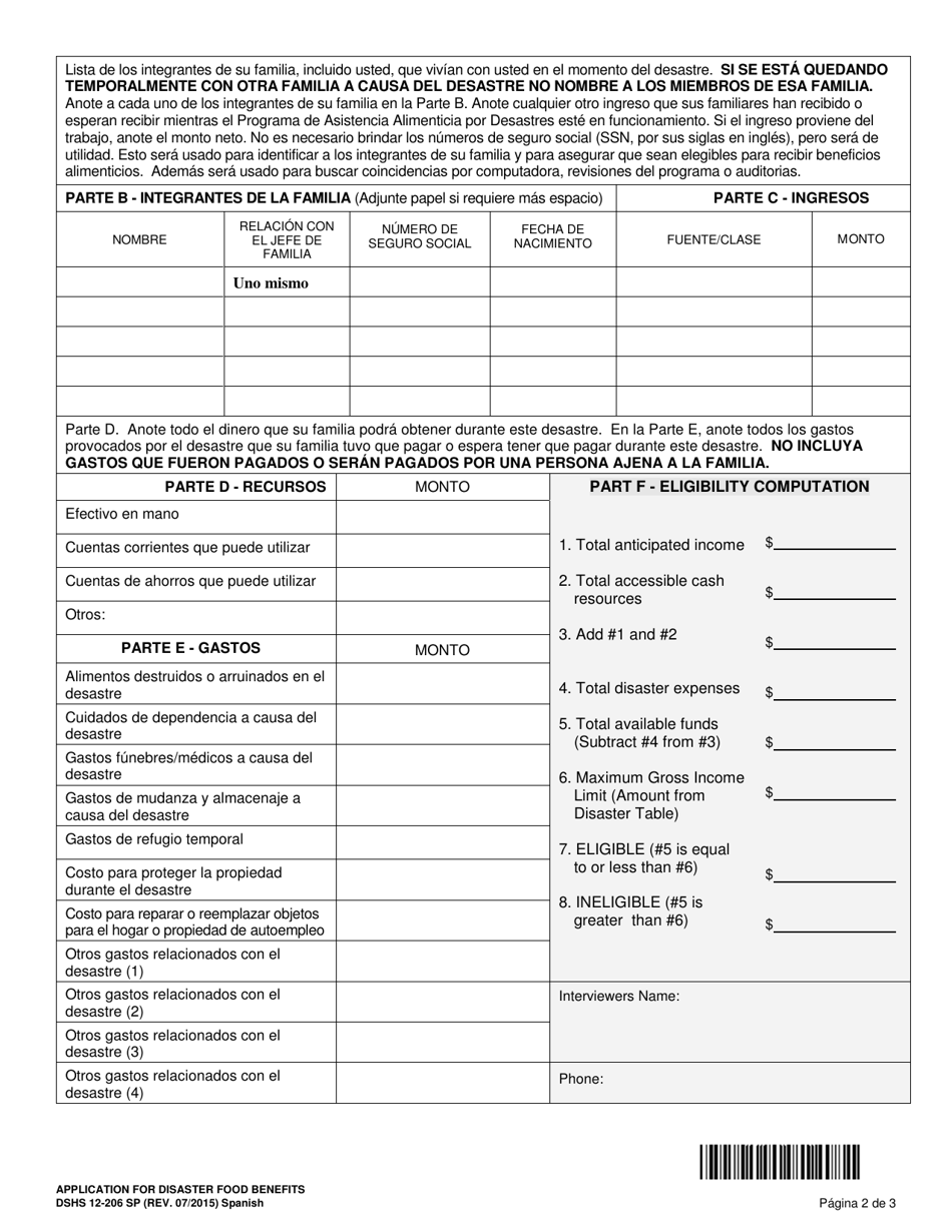 DSHS Formulario 12-206 Solicitud De Beneficios Alimenticios Por Desastres - Washington (Spanish), Page 2