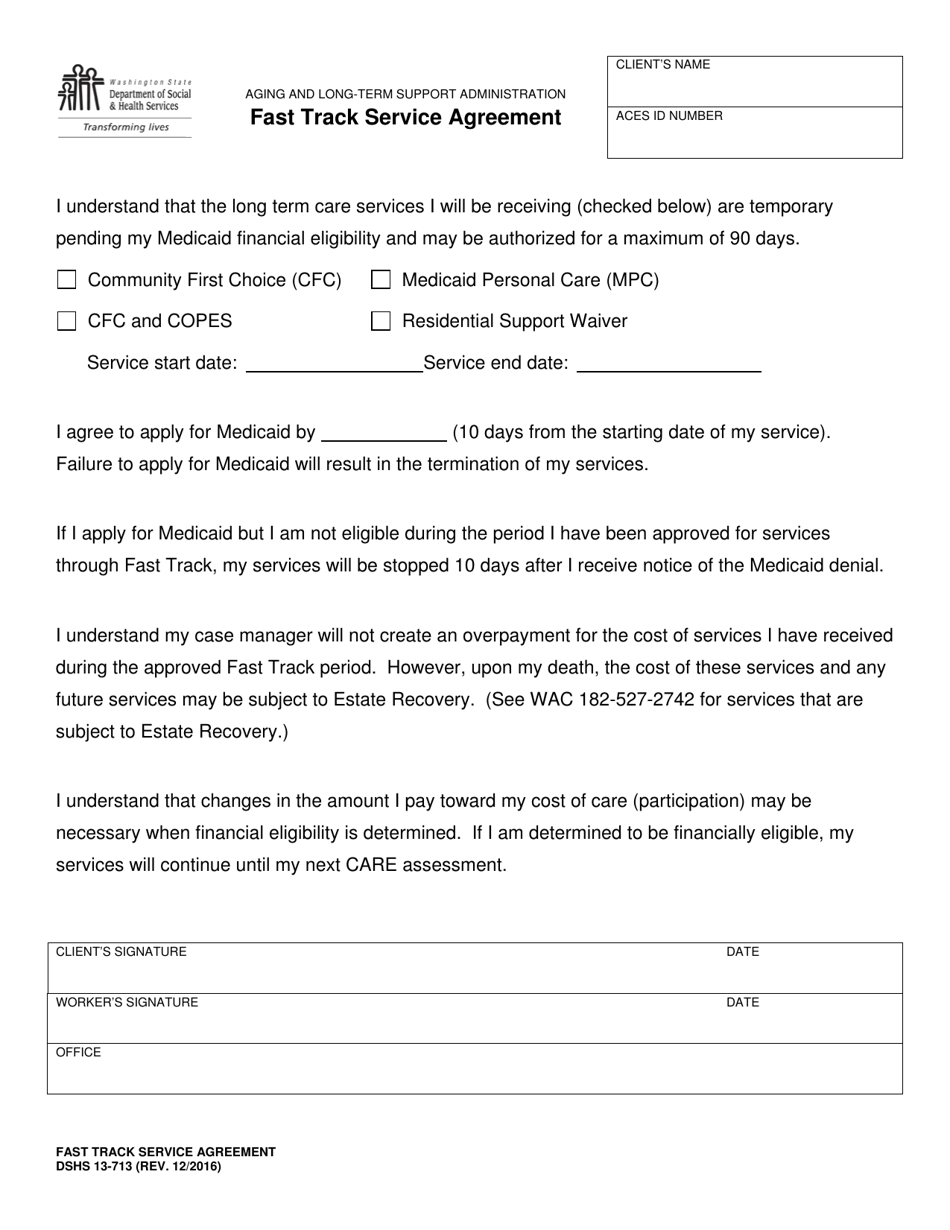 DSHS Form 13-713 Fast Track Service Agreement - Washington, Page 1