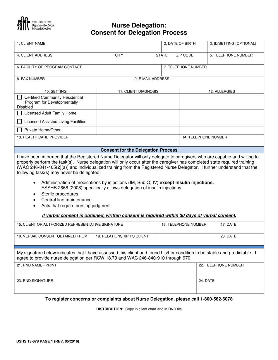 DSHS Form 13-678 Page 1 Nurse Delegation - Consent for Delegation Process - Washington, Page 1