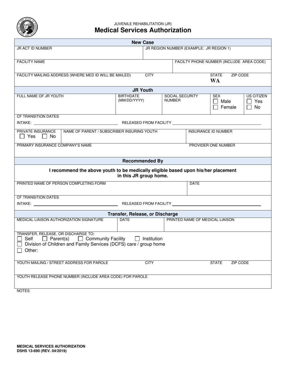 DSHS Form 13-690 Medical Services Authorization (Juvenile Rehabilitation) - Washington, Page 1