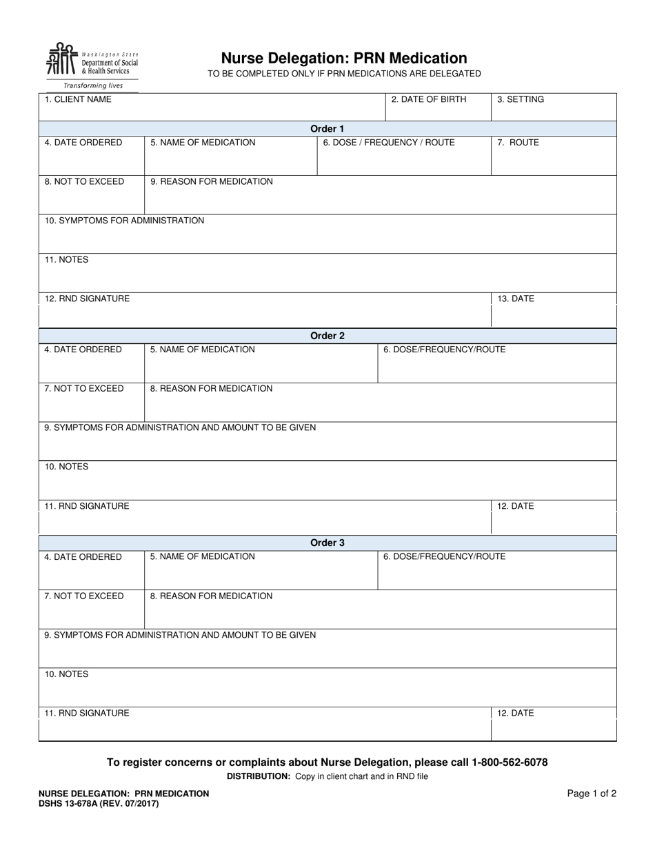 DSHS Form 13-678A Nurse Delegation - Prn Medication - Washington, Page 1