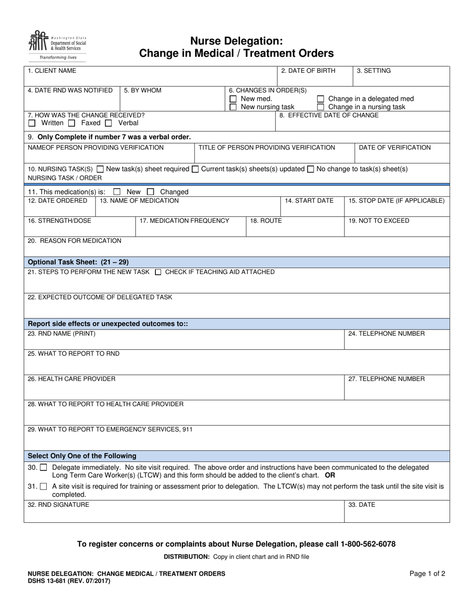 DSHS Form 13-681 Nurse Delegation - Change in Medical / Treatment Orders - Washington, Page 1