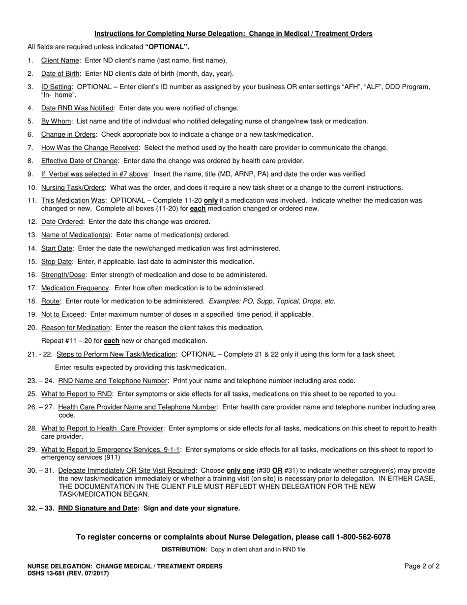 DSHS Form 13-681 Nurse Delegation - Change in Medical / Treatment Orders - Washington, Page 2
