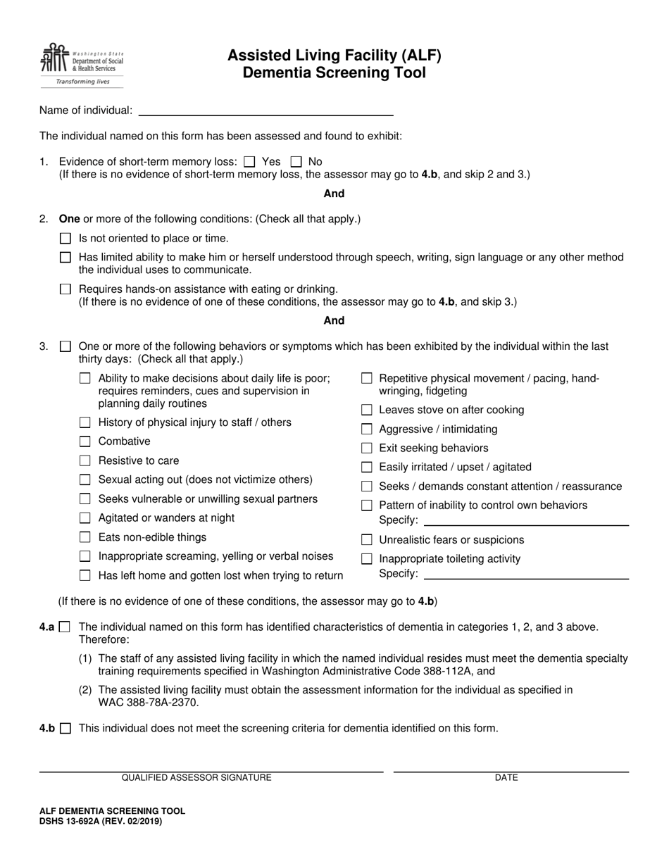 DSHS Form 13-692A Assisted Living Facility (Alf) Dementia Screening Tool - Washington, Page 1