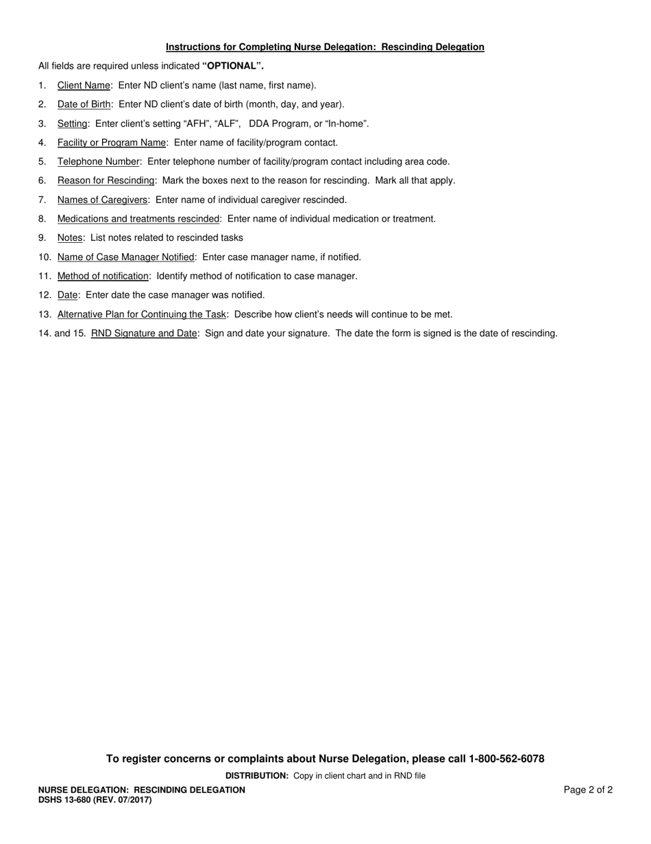 DSHS Form 13-680 Nurse Delegation - Rescinding Delegation - Washington, Page 2