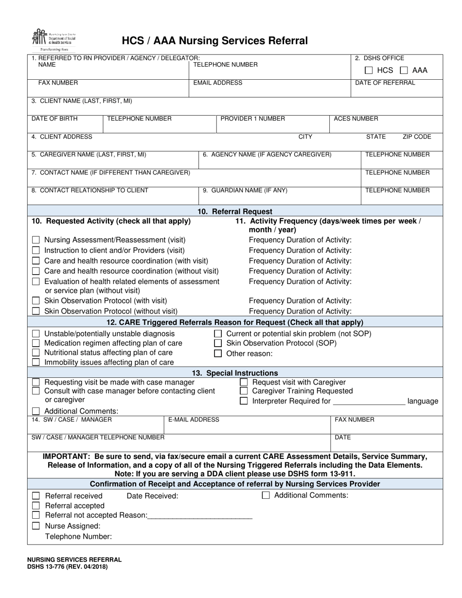 DSHS Form 13-776 Hcs / Aaa Nursing Services Referral - Washington, Page 1